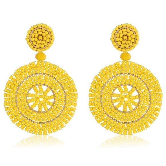 Yellow Beaded Double Round Disc Boho Dangling Drop Statement Post Back Earrings - Picture 1 of 7